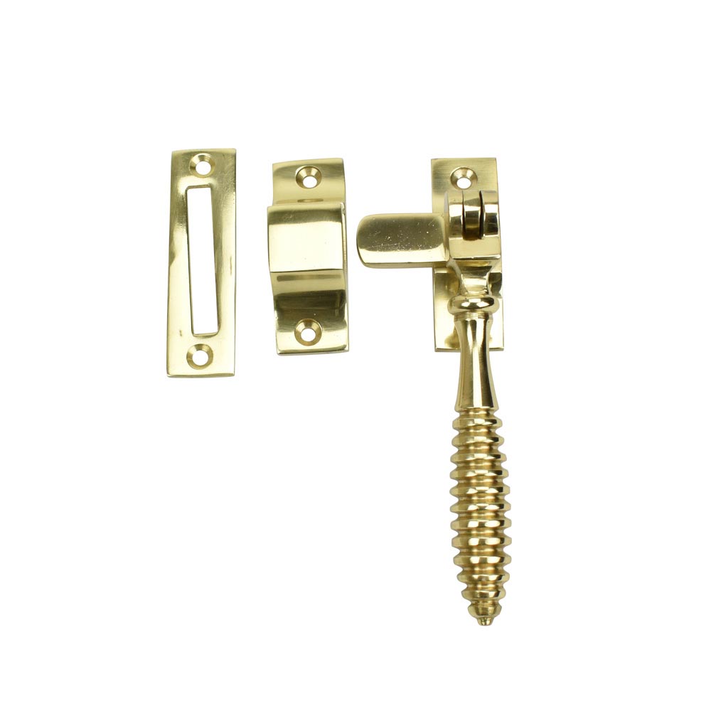 Dart Reeded Brass Window Fastener with Hook and Mortice Plate - Polished Brass